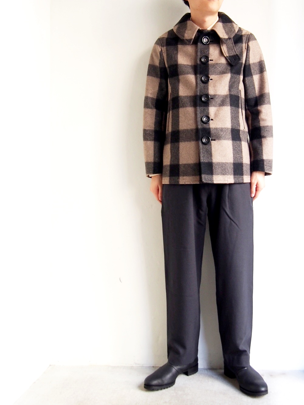 Lolo バッファローチェックメルトン Pコート Brown Black R1